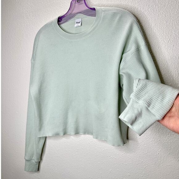 Aritzia TNA Light Mint Green Waffle Knit Long Sleeve Crop Sweater XS - Picture 1 of 11